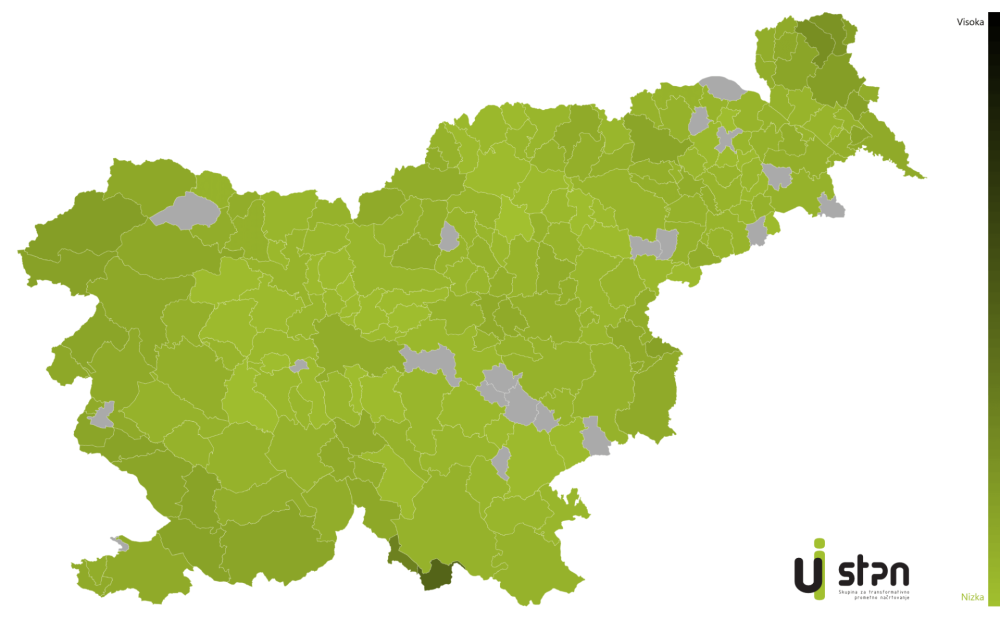 Slika 1: Prikaz starostne strukture prebivalstva v Sloveniji v letih 2000 glede na indeks staranja po občinah. Čim temnejše je obarvana občina, tem višji je indeks staranja. Indeks staranja je razmerje med prebivalci, starimi 65 ali več let, in prebivalci, mlajšimi od 15 let. 